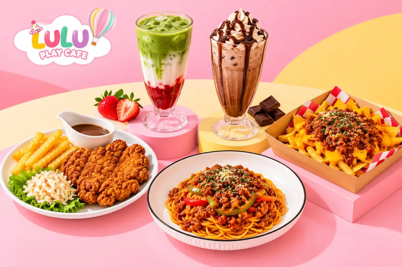 Spread of Lulu café mains, fries and iced drinks with the Lulu Play Cafe logo